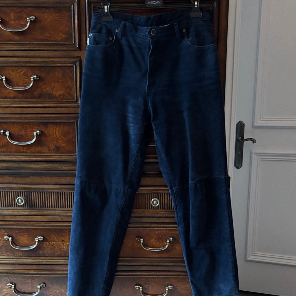 Navy blue washable suede pants.